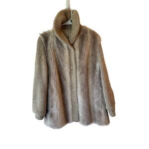 Dubrowsky and Perlbinder Fur Trim Cardigan Knitted Beige Women's Plus Size 16